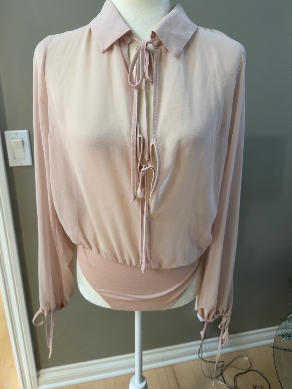 Forever 21 Sheer Blush Pink Tie-Front Long Sleeve Bodysuit Blouse | Lace Up Top